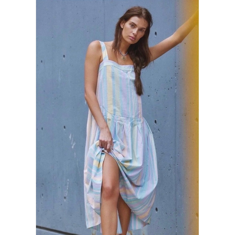 Free People Pastel Stripe Cotton Midi Dress Sleeveless Tie Back OB2142447 L NEW